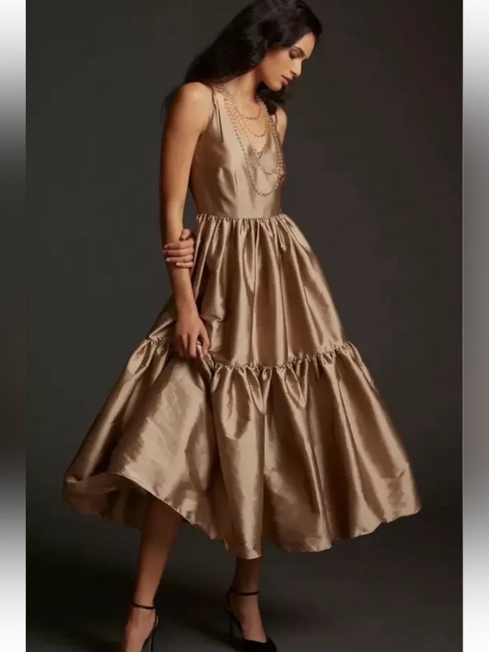 Anthropology Bloni champagne bronze tiered formal dress